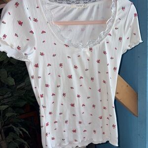 TIMING White Tee with Pink Floral Lace Trim